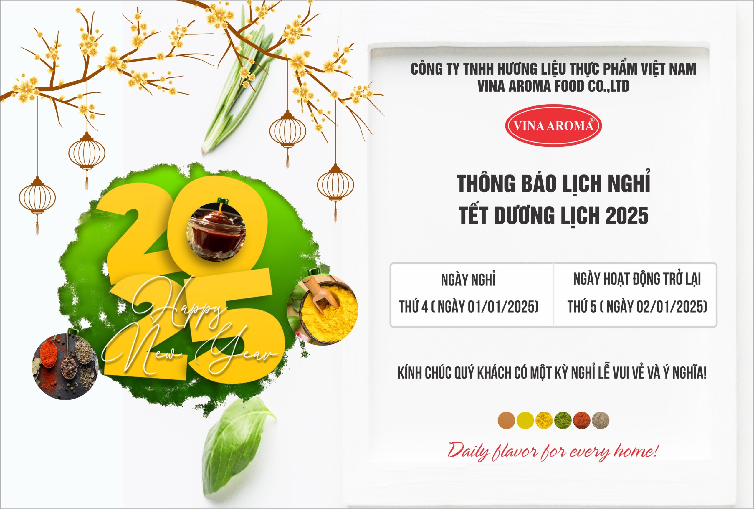 VINA AROMA THÔNG BÁO LỊCH NGHỈ LỄ TẾT DƯƠNG LỊCH